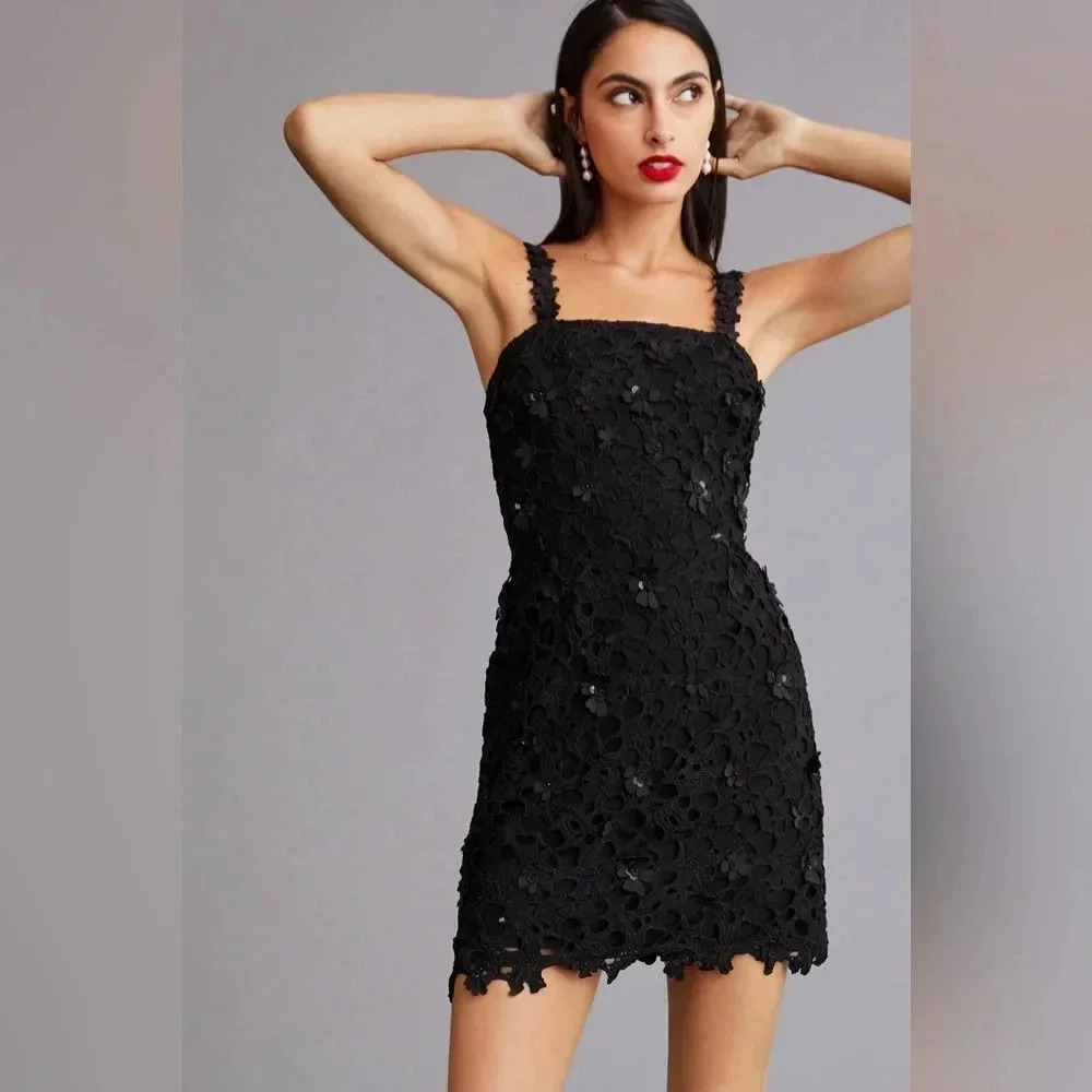 Pankaj & Nidhi Slim Lace Floral Mini Dress, Black, Size Medium